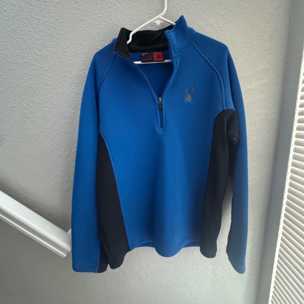 Spyder Mens XL Quarter Zip Pullover Blue Black Waffle Knit Fleece Lined Sweater